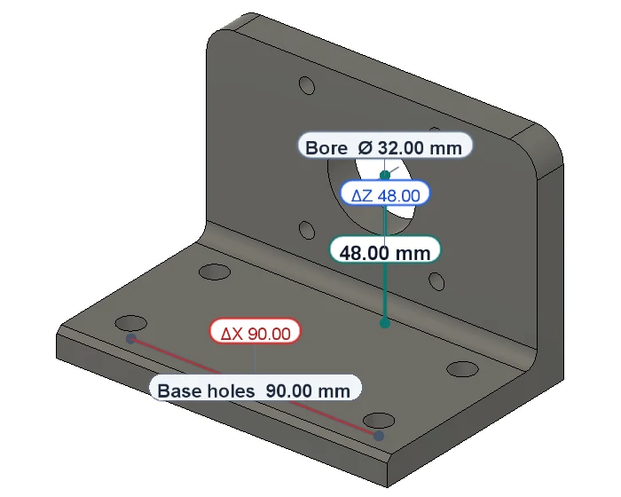 A motor bracket in Autodesk Fusion measured with Caliper: the bore centre 48.00 mm above the base with its Z part, and the saved Bore Ø 32.00 mm and Base holes 90.00 mm